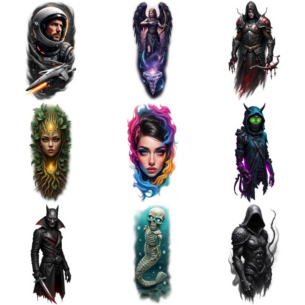 9 шт. Временные татуировки Реалистичные временные татуировки Крылатое существо Ночной воин Призрачная женщина Для рук Спины Плеч