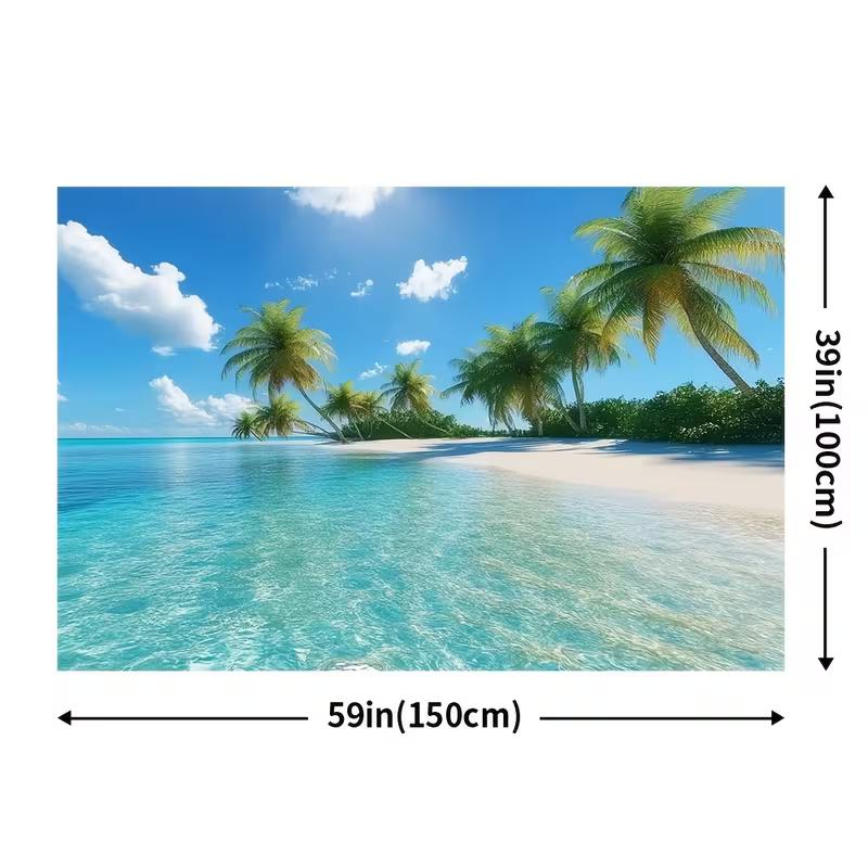 2D Summer Tropical Island Banner, Clear Ocean Palm Tree Backdrop for Party & Decor