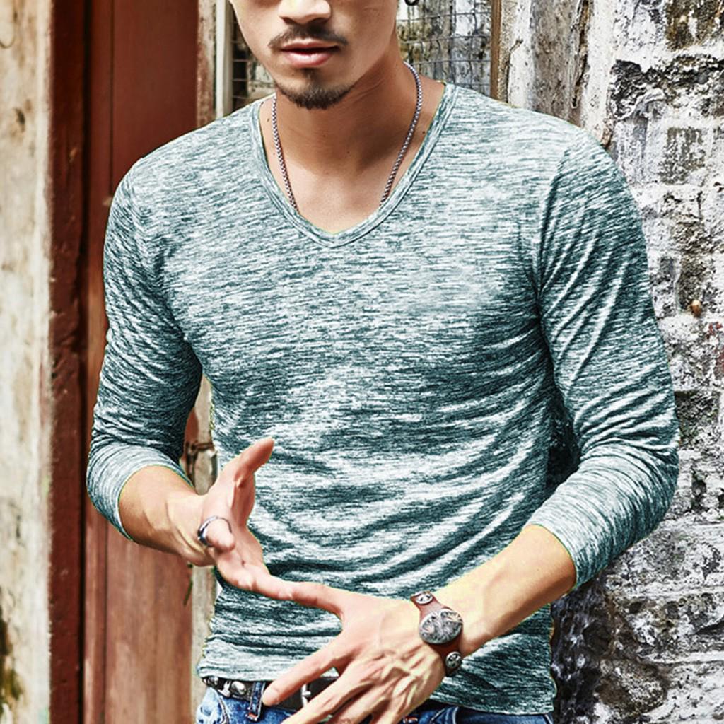 

Мужская однотонная футболка с длинным рукавом и v-образным вырезом, тонкая блузка XL