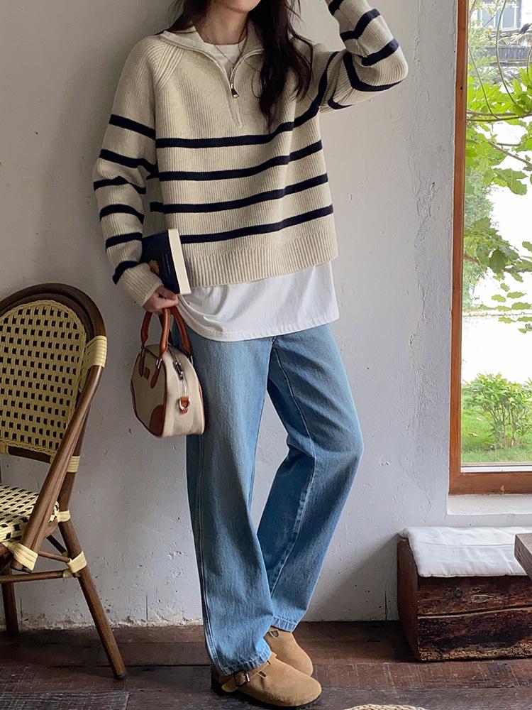 Women's Versatile Color Block Striped Knit Sweater - 2024 Autumn/Winter Half-High Collar Zipper Lapel