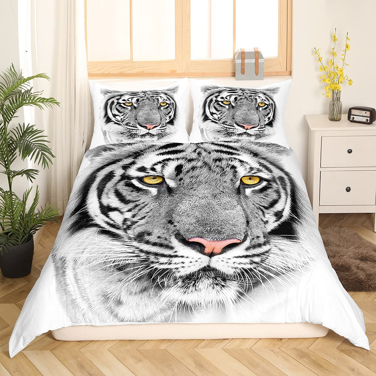 

White Tiger Red Rose King Queen Duvet Cover Africa Big Cat Flower Bedding Set For Teen Adult Animal 2/3Pcs Quilt Cover EU Single(135*200cm)3pcs