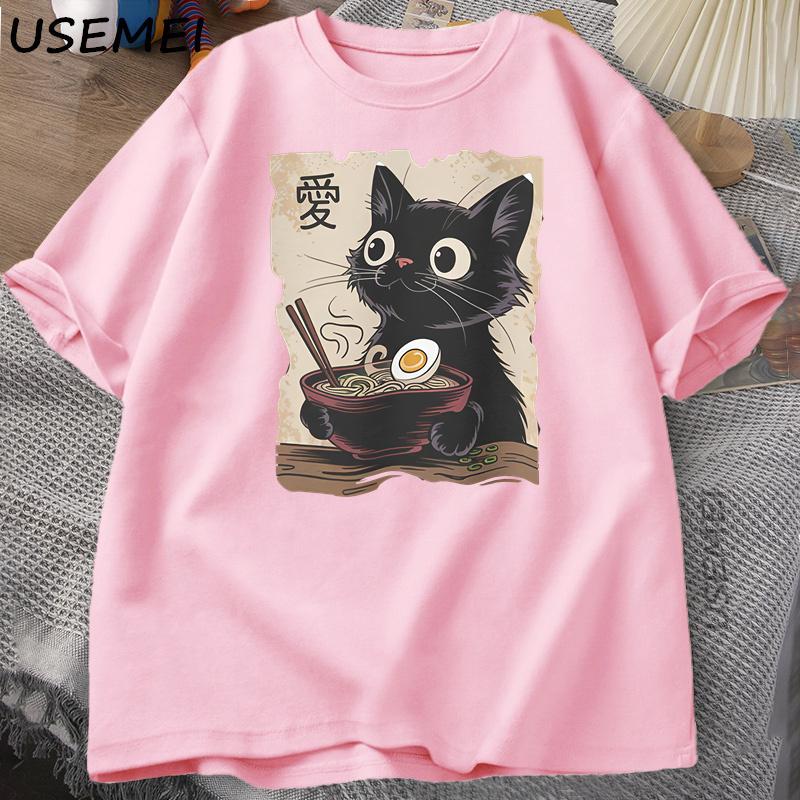 Funny Cat RaUnisex Graphic Tee Japanese Kawaii Anime Cat TShirt Cotton Short Sleeve Oversized Loose Short Sleeve Tee Streetwear