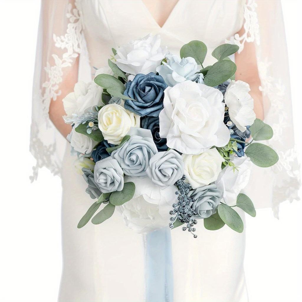 1 Pièce Mariage Mariée Goutte d'Eau Bouquet à Main Demoiselle d'Honneur Bouquet à Main Simulation Rose Bleu Glacé