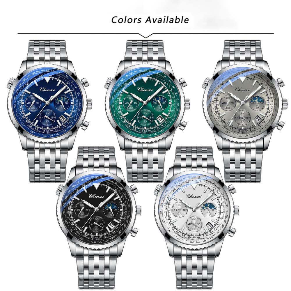 Chenxi Men's Quartz Watch Luminous Chronograph Calendar Waterproof Stainless Steel Strap Business Casual Men Watches