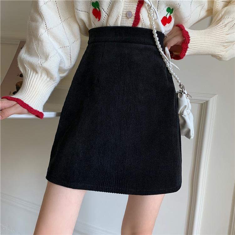 

Юбка миди и мини из вельвета с высокой талией в корейском стиле - Приталенная А-силуэта, облегающая бедра, для миниатюрных, мода горячей девушки осень/зима XL чёрный