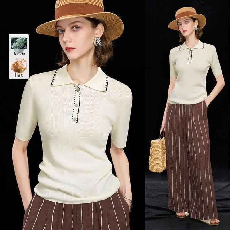 Wudao Women s Tencel Linen Blend Knit Polo T-Shirt M