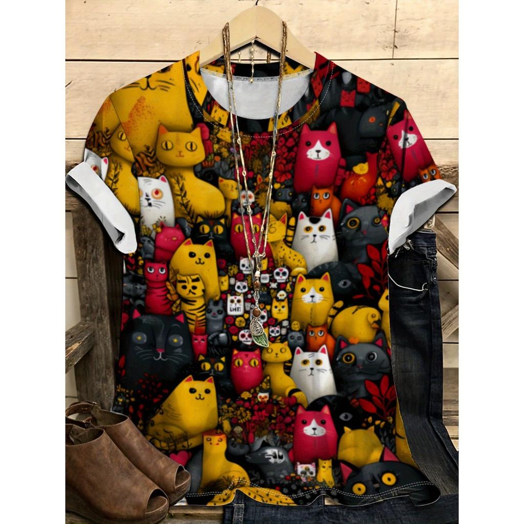 Summer Round Neck Cartoon Cat Pattern 3D Print Top Fashionable Casual Short Sleeved Women's T-shirts