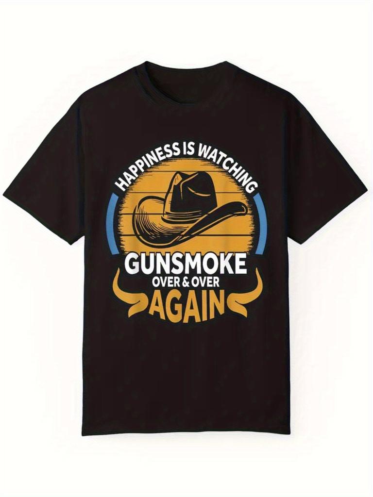 Casual Cotton T-shirt with Cowboy Hat Pattern "Happiness Is Watching Gunsmoke Repeatedly" Slogan