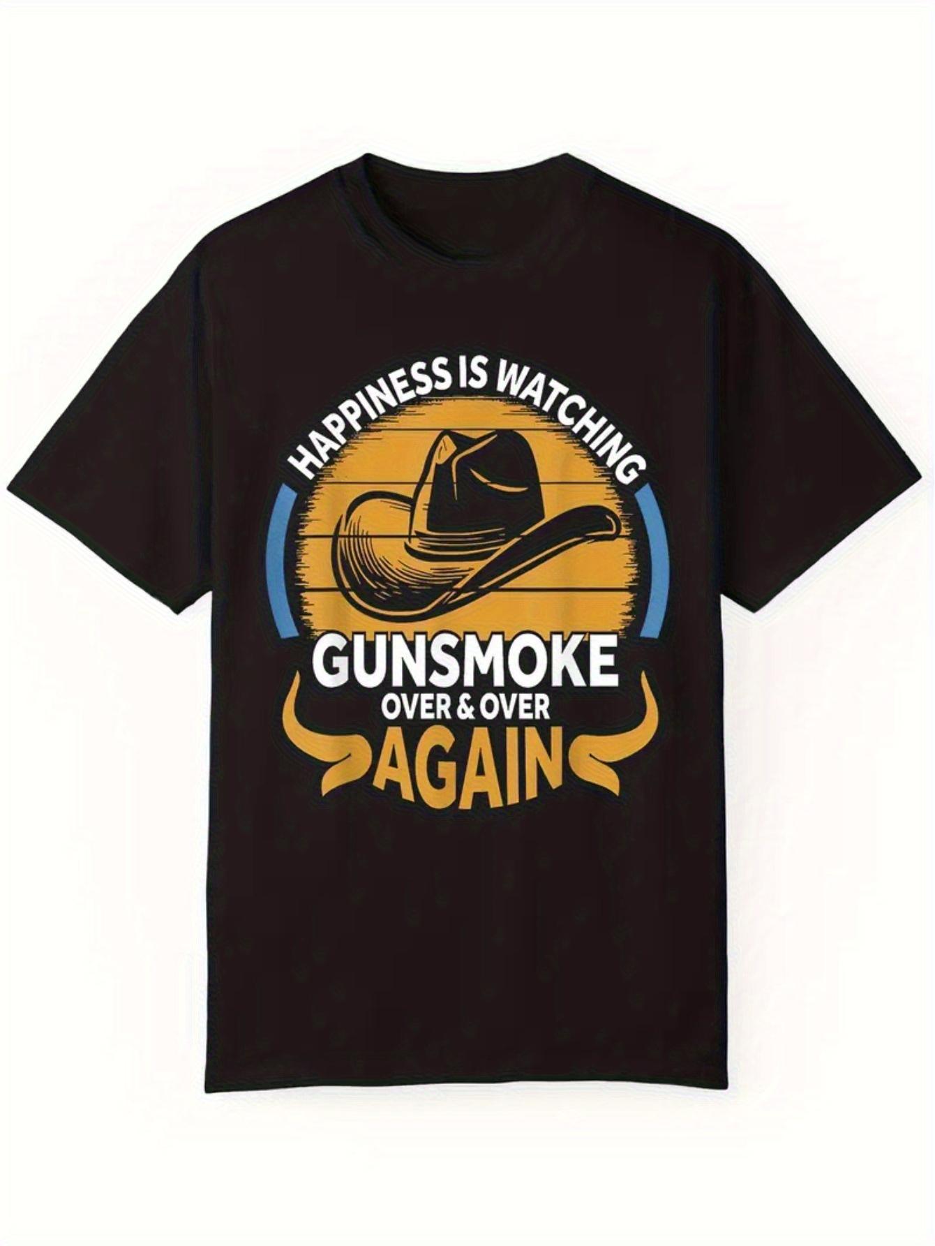 Casual Cotton T-shirt with Cowboy Hat Pattern Happiness Is Watching Gunsmoke Repeatedly Slogan XL