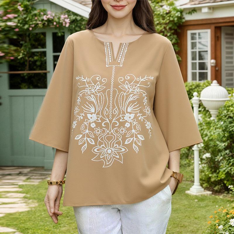 

ZANZEA Женская повседневная блузка с V-образным вырезом и рукавами 3/4 с этническим принтом свободного кроя 5XL хаки