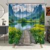 1Pc Extra Long Bathroom Curtain - Serene Landscape With Wooden Path, Tranquil Pond, Misty Mountains & Yellow Wildflowers