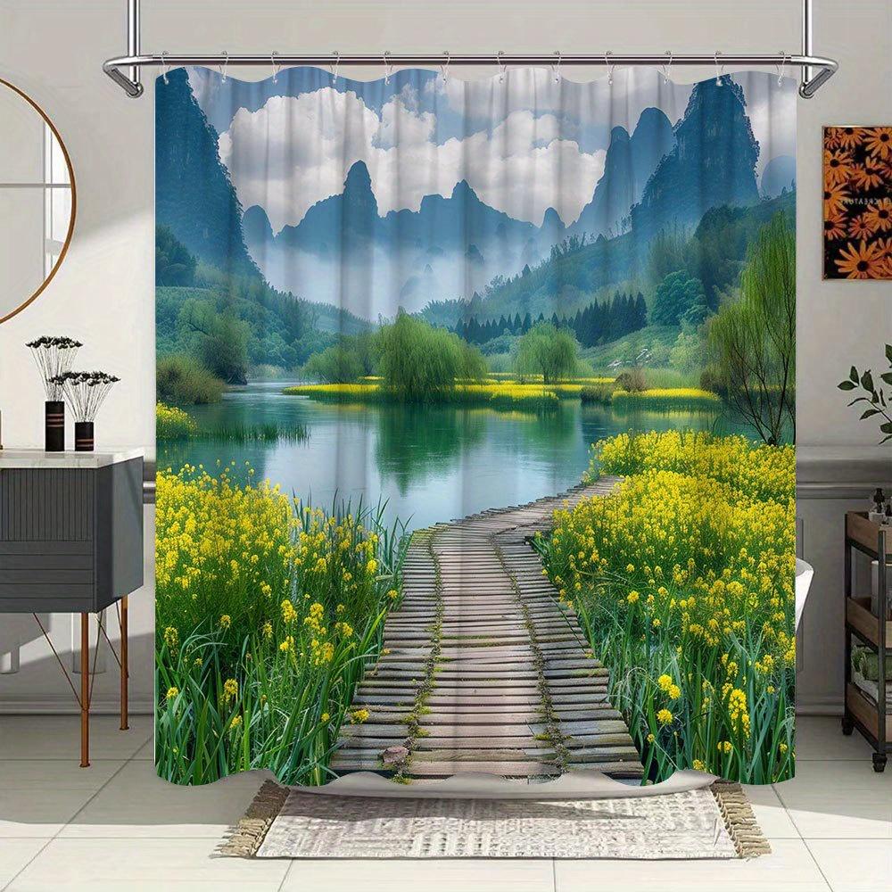 1Pc Extra Long Bathroom Curtain - Serene Landscape With Wooden Path, Tranquil Pond, Misty Mountains & Yellow Wildflowers