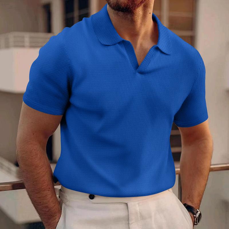 Men's Summer Collar T-shirt Men's Polo Shirts (men’s) Waffle Oversize Solid Color Casual Short Sleeve T Shirts (men’s)