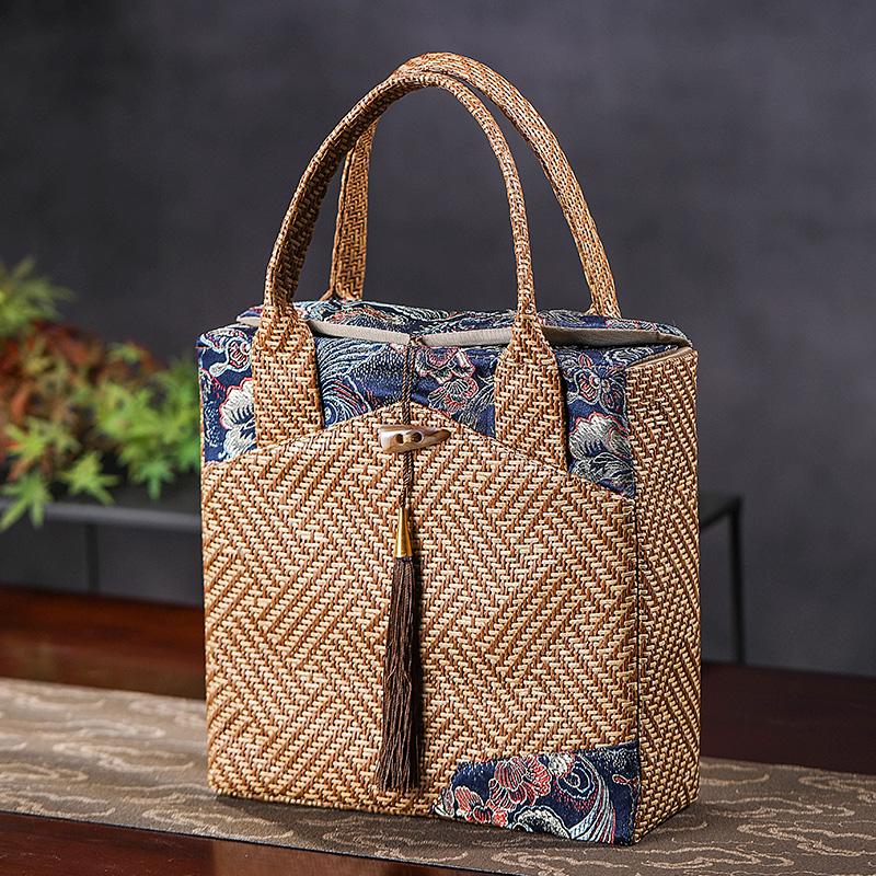 

3pcs Universal Rattan Craft Tea Cake Gift Boxes Traditional Retro Button Moisture-proof Cloth Bag Pu Erh Tea Cake Packaging Box 23x7x23cm
