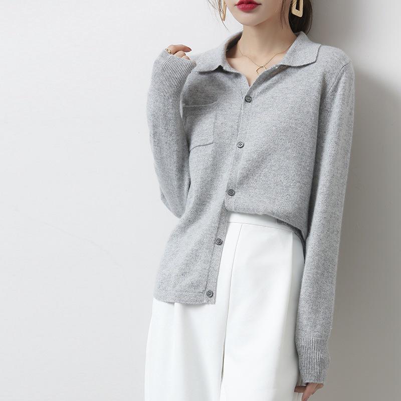 Women's 2023 Light Luxury Loose Knit Wool Polo Cardigan with Lapel Collar
