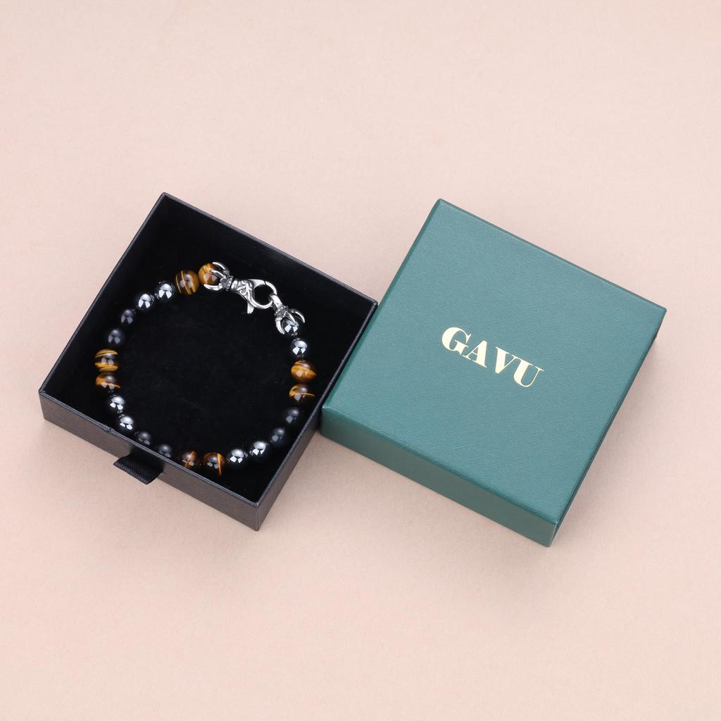 GAVU 8mm Tiger Eye, Obsidian, and Hematite Triple Amulet Bracelet for Men, 21.5cm