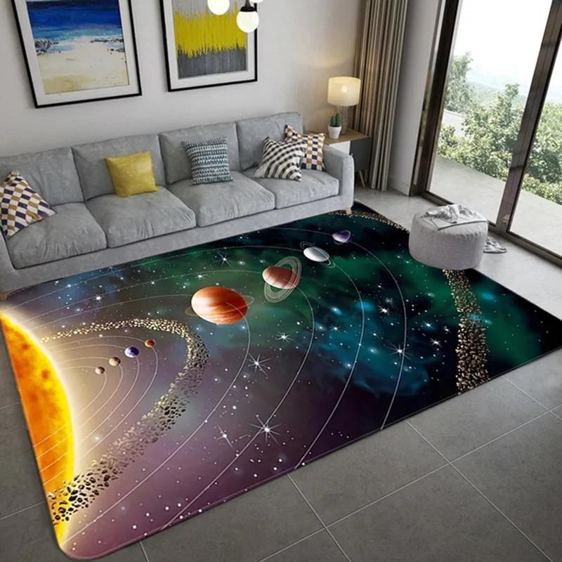 Futuristic Spaceship Rug with Cosmic Planets and Sunburst Design for Living Room Bedroom Game Room Decor Non Slip Carpet