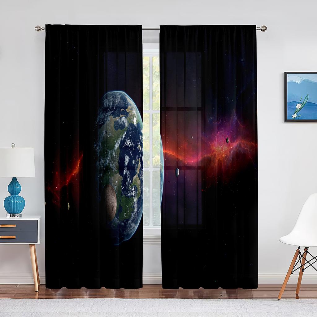 Galaxy Tulle Curtains Blue Red Planets Orbital Ring Stars Outer Space Sheer Voile Curtain for Living Room Bedroom Kitchen Decor