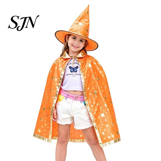 Mantello da Mago a Stelle per Bambini con Cappello per Ragazzi e Ragazze, Strega di Halloween Comodo Vestito Largo Costume di Scena Party Cosplay,