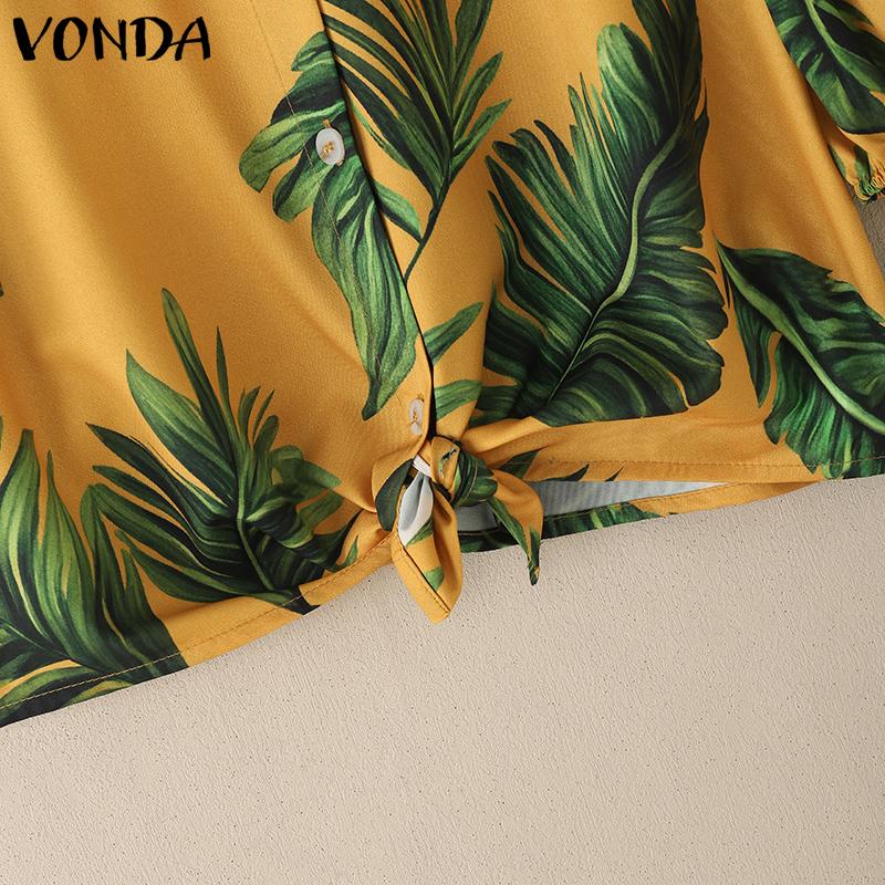 VONDA Sommer Damen Reverskragen Puffärmel Gedrehter Print Hawaiianische Freizeitbluse