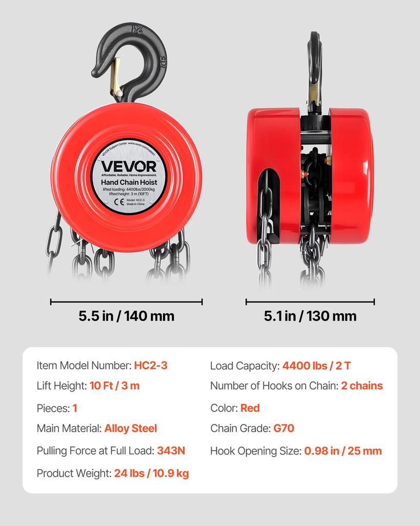 VEVOR Hand Chain Hoist, 2 Ton Capacity, Manual Chain Block with Upgrade G70 Galvanized Chain, 3 M Lifting Height