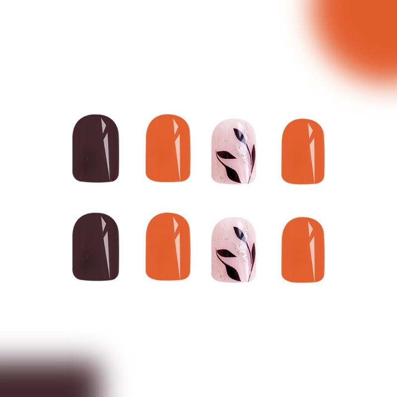 Fashionable Press On Nail With Sparkling Fall Leaves Design Reusable Artificial Nail For Daily Wear