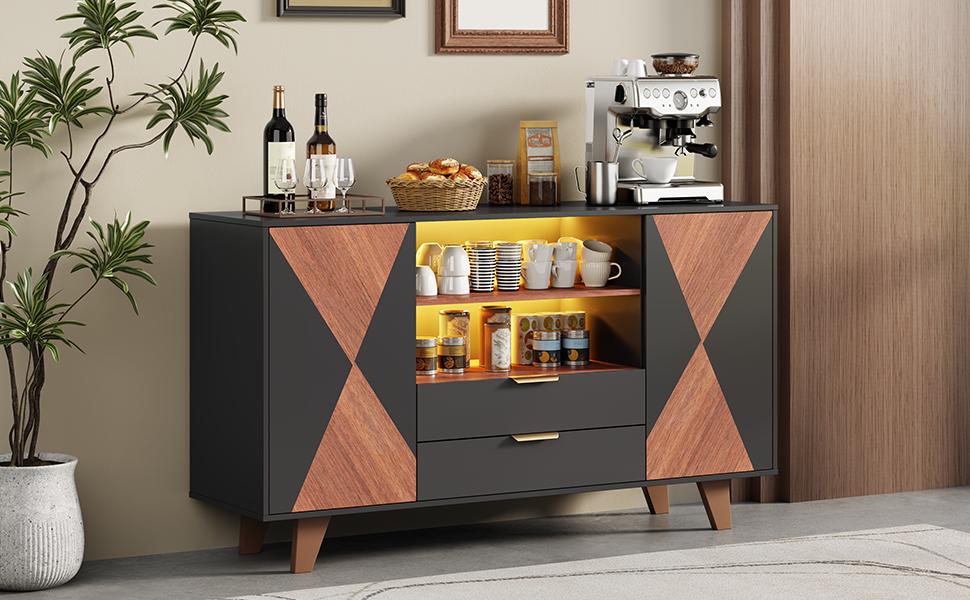 Kitchen Cabinet, Sideboard with LED Lighting, Drawers and Adjustable Shelves, Storage Cabinet for Dining Room and Living Room, 150 × 40 × 90 Cm
