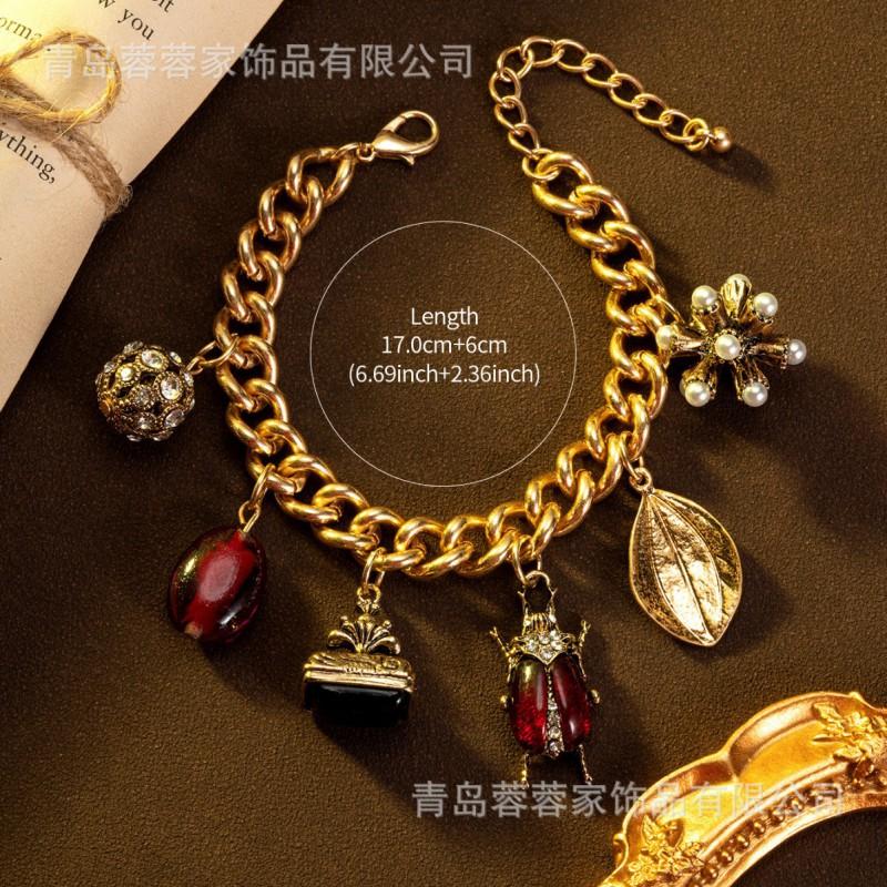 Cross Border Hot Retro Palace Style Insect Leaf Hanging Pendant Bracelet Zircon Pearl Exaggerated