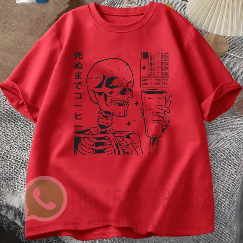 Japanese Skeleton Coffee Tshirt Summer Tracksuit Mens Round Neck Pullover Shortsleeved Casual Sportswear Harajuku Streetwear
