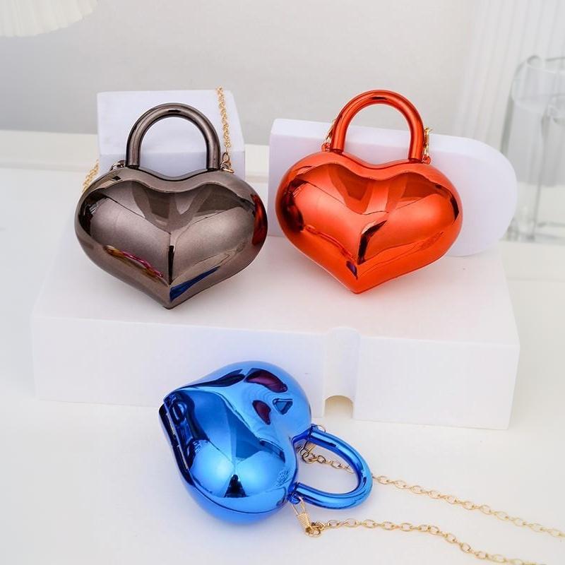 Metallic Heart Shaped Mini Crossbody Bag Glossy Finish Detachable Chain Strap Perfect For Party Wedding Date Night Events