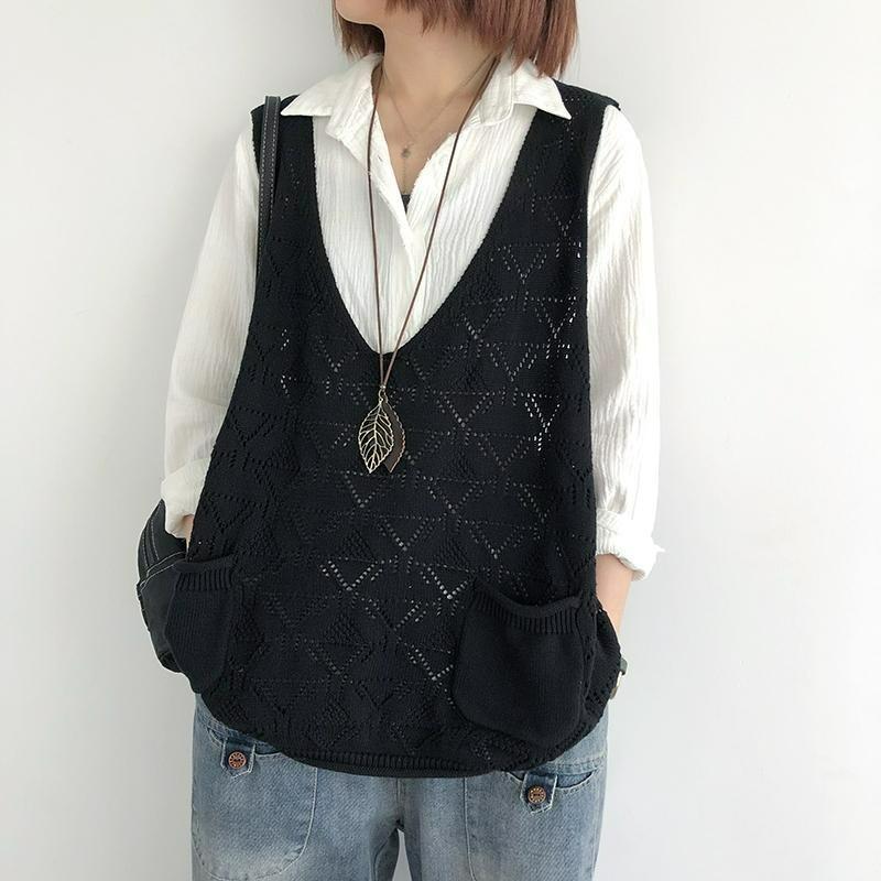 V-neck Rhombic Knitted Vest Women's Spring and Autumn Loose Outer Wear Hollow Sweater Vest Casual Sleeveless Vest