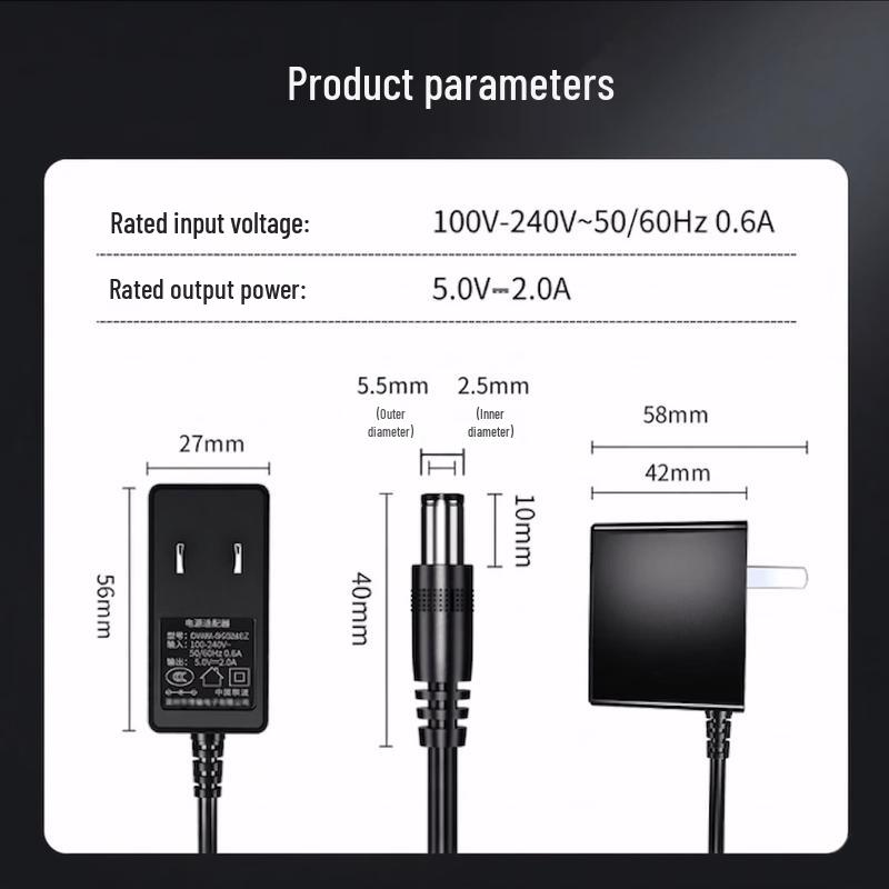 Universal 5V 2A Power Adapter with 5.5x2.5mm Round Plug