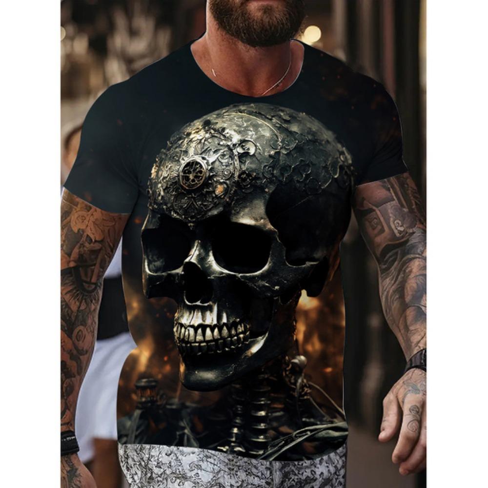 New Men's Fun Skull Pattern T Shirt Suit Mob Skull Print Short Sleeve Summer Casual Loose Round Neck T Shirt Breathable Top