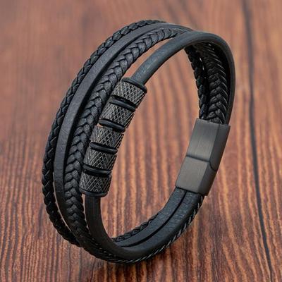 Black Leather Rope Cowhide Men's Double Layer Genuine Leather Woven Bracelet Handmade Multilayer Leather Bracelet 2026