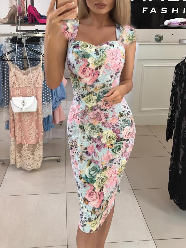 2020 Summer Rose Print Sweetheart Neck Scallop Shoulder Slimming Women's Dress