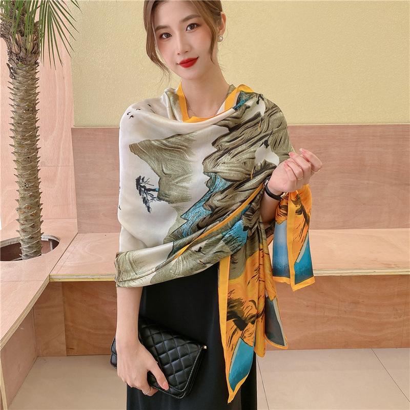 Thousands of miles of country and mountains Chinese ancient silk scarf elegant yellow shawl mother scarf women's silk scarf simulation silk gift tempe