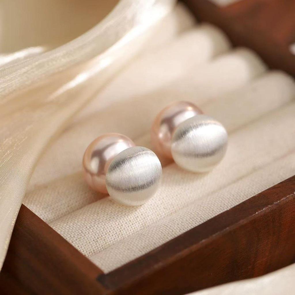 925 Sterling Silver Brushed Pearl Stud Earrings - Light Luxury, High-End Style for Women, 2025 New Trend