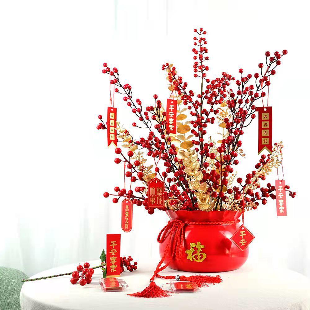 Chinese New Year Flower Ornament New Year'S Blessing Bucket Holly Fortune Red Fruit Simulation Flower High-End Living Room Display