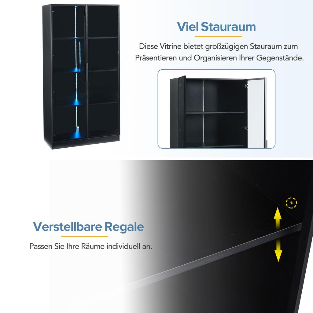 Glasvitrine LED-Lichtern 2er-Set, doppeltürige Schwarz viel Stauraum, Modern Einlegeböden, Bücherschrank Standvitrine Wohnzimmer Büro
