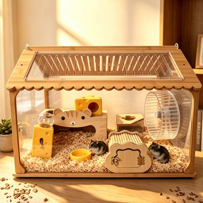Large Wooden Hamster Cage With Clear Acrylic Panels Ventilated Escape-Proof Design Syrian Dwarf Hamsters
