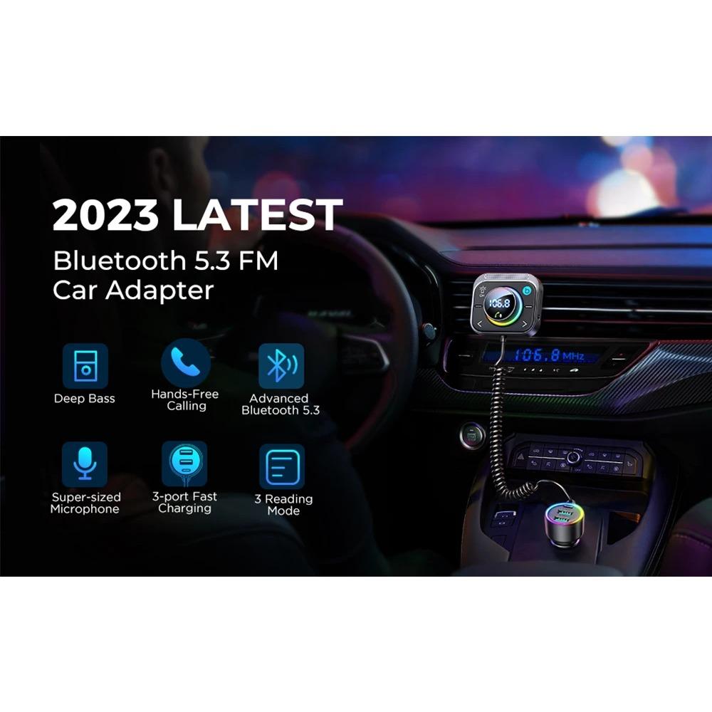 Bluetooth 5.3 FM/AUX Bluetooth Car Charger Adapter Air Vent Installation 3 Ports PD&QC 3.0 FM Bluetooth Car Transmitter