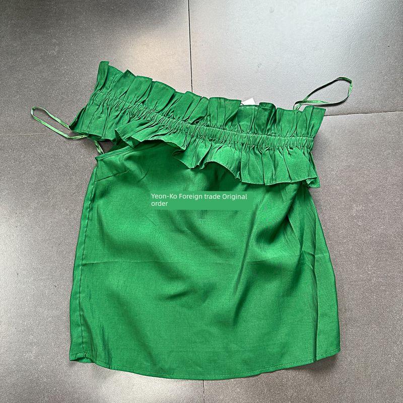 

Yanzi Foreign Trade Danish Brand Pure Original Sloping Shoulder Frill Blue Top + Skirt Green Shoulder Tops XL