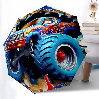 1pc Monster Truck Adventure Automatic Folding Umbrella - Compact 8-Rib Design, Durable Plastic & Iron, Daily Use Z1230067