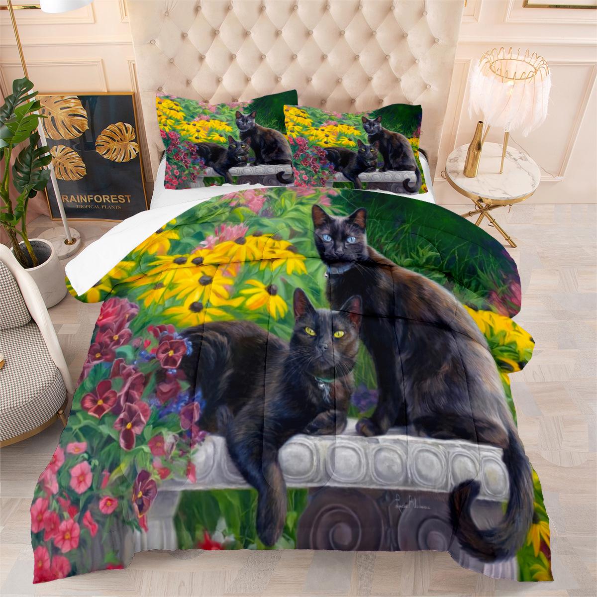 Cute Cat Bedroom Comforter Set - Printed Comforter, Bedding 3-piece Set, Filled Cotton, Suitable for Single Room 140*200cm