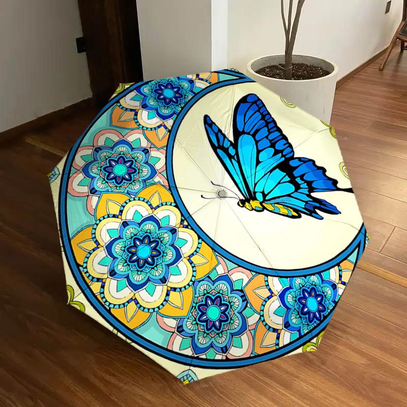 

Mandala Butterfly Moon Design Automatic Opening Folding Umbrella Portable 3 Fold Design with Iron Frame for Outdoor Use,Festive Gift,Tra