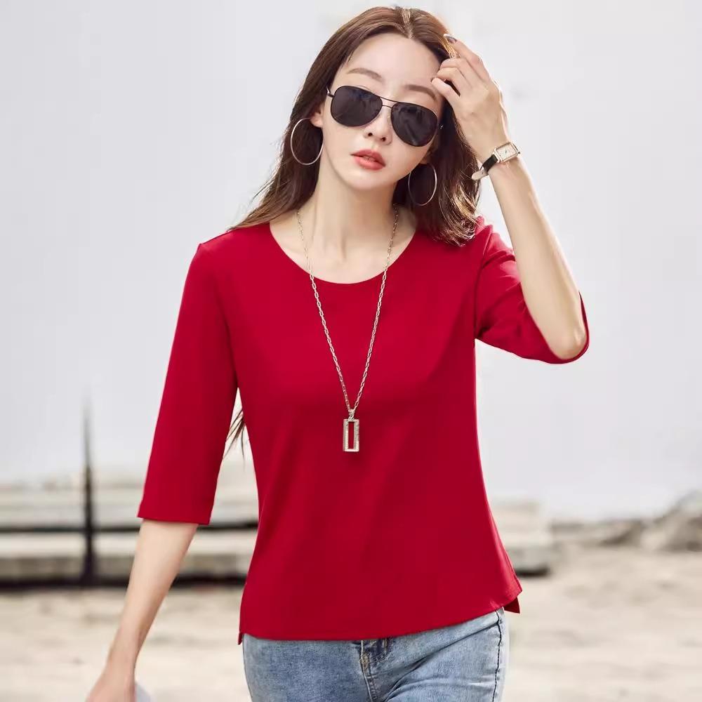 Women's Summer T Shirt Women Cotton O-Neck Streetwear Tshirt Short Sleeve Solid Color Three Quarter Sleeve Tee Shirt Femme Sexy