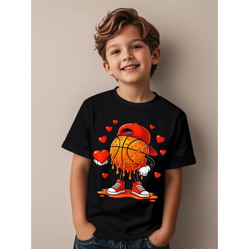 European sizes Soft Breathable Valentine Basketball Heart Drip Sport Valentines Day T-Shirt for Kids | Boys & Girls Graphic Tee - Round Neck 98cm чёрный