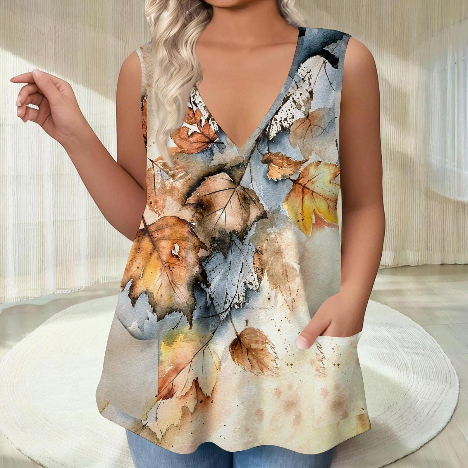 

Women s V-neck T-shirt Vest Loose With Pockets T-shirt Printed Bottom Shirt L помаранчевий