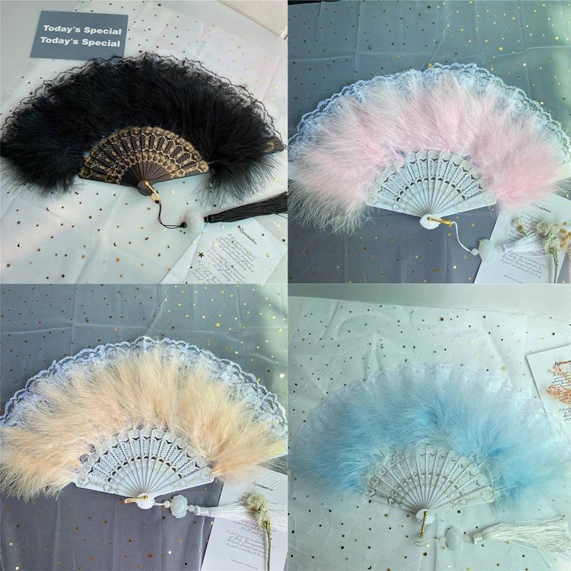 Chinese Style Feather Folding Fans Soft Fluffy Hand Held Wedding Party Gift Girls Dance Lace Fan Cosplay Stage Prop Home Decor