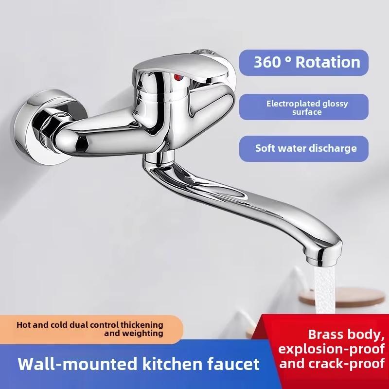Wandmontierte Küchenspüle Armatur mit zwei Löchern, Heiß-Kalt-Wasser-Mischbatterie für Spülbecken